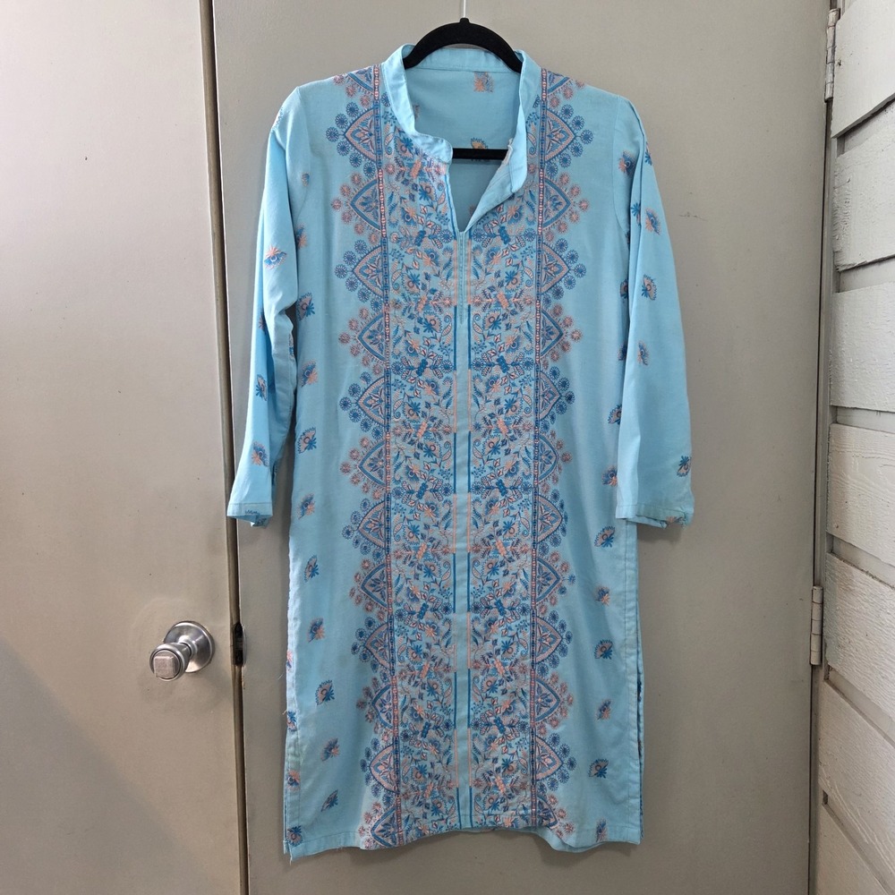 Kurta Dress Women's M Blue Embroidered Tunic Ethnic Boho Pakistani Indian Cotton